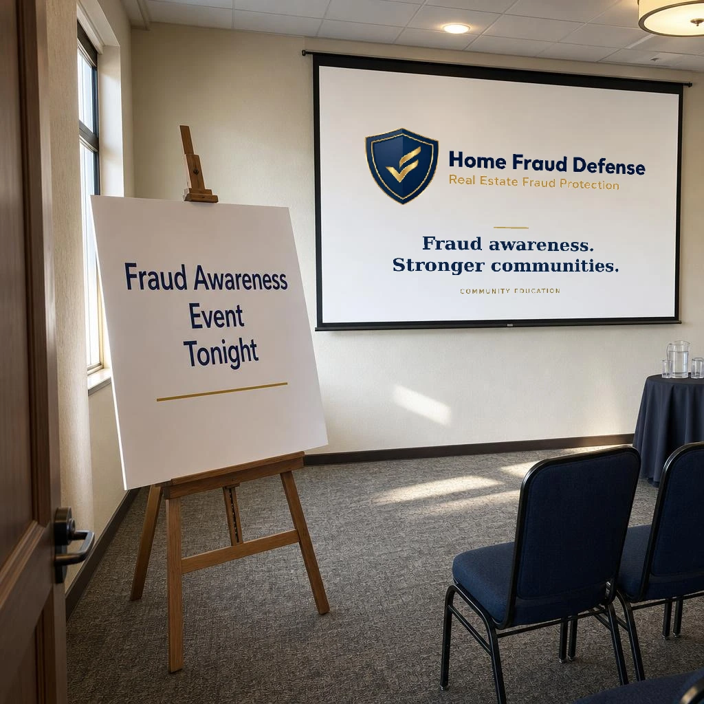 Illustrative empty event room with an easel reading Fraud Awareness Event Tonight and a Home Fraud Defense presentation screen behind it.